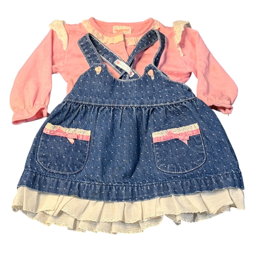VTG Health-tex Pinafore Outfit Pink Blue Denim Polka Dot Ruffle Lace 12M Girls